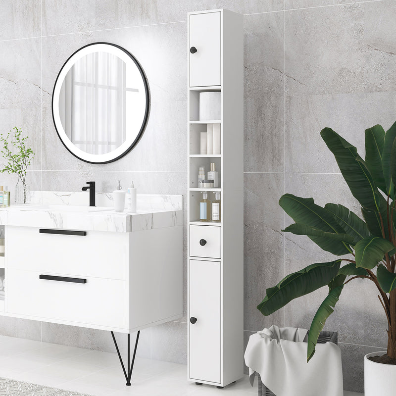 Tall Slim Bathroom Storage Cabinet With Adjustable Shelves And Cupboards, White