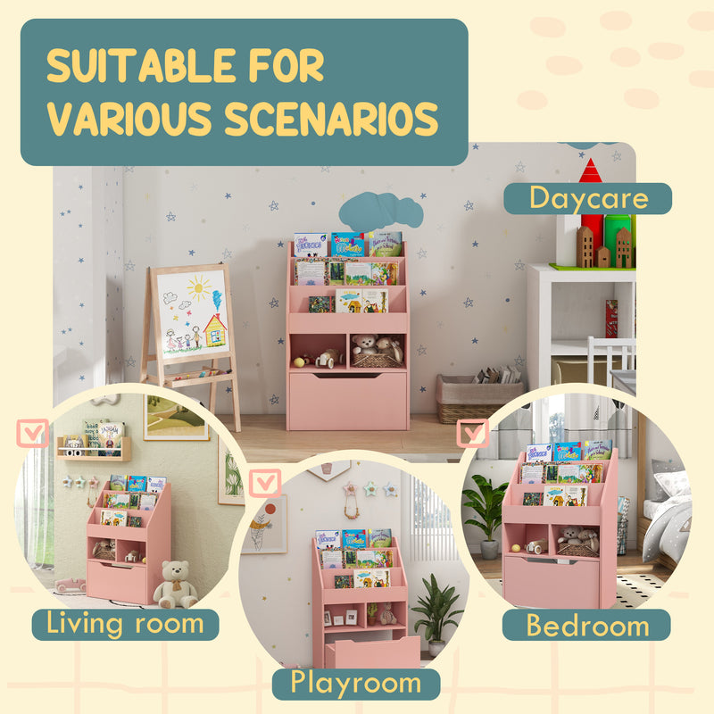 Kids Bookshelf and Toy Organiser with Drawer and Wheels for Easy Storage, Pink