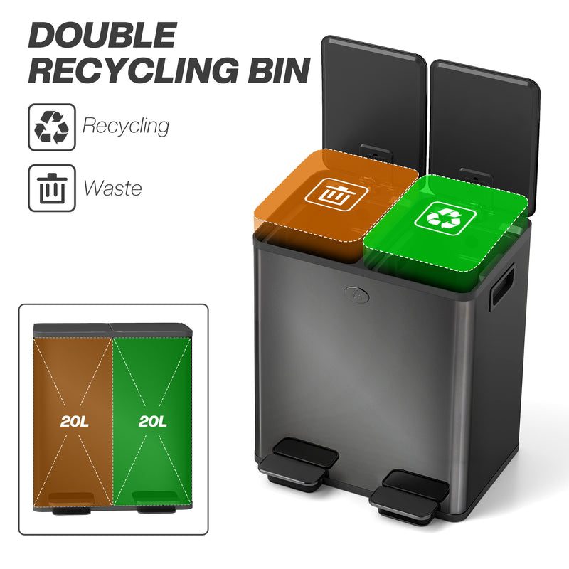 40L Double Compartment Indoor Recycling Bin with Deodorisers in Stainless Steel Glossy Black Finish