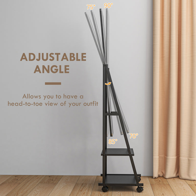 Full Length Dressing Mirror on Wheels with Adjustable Angle and Storage Shelves, White