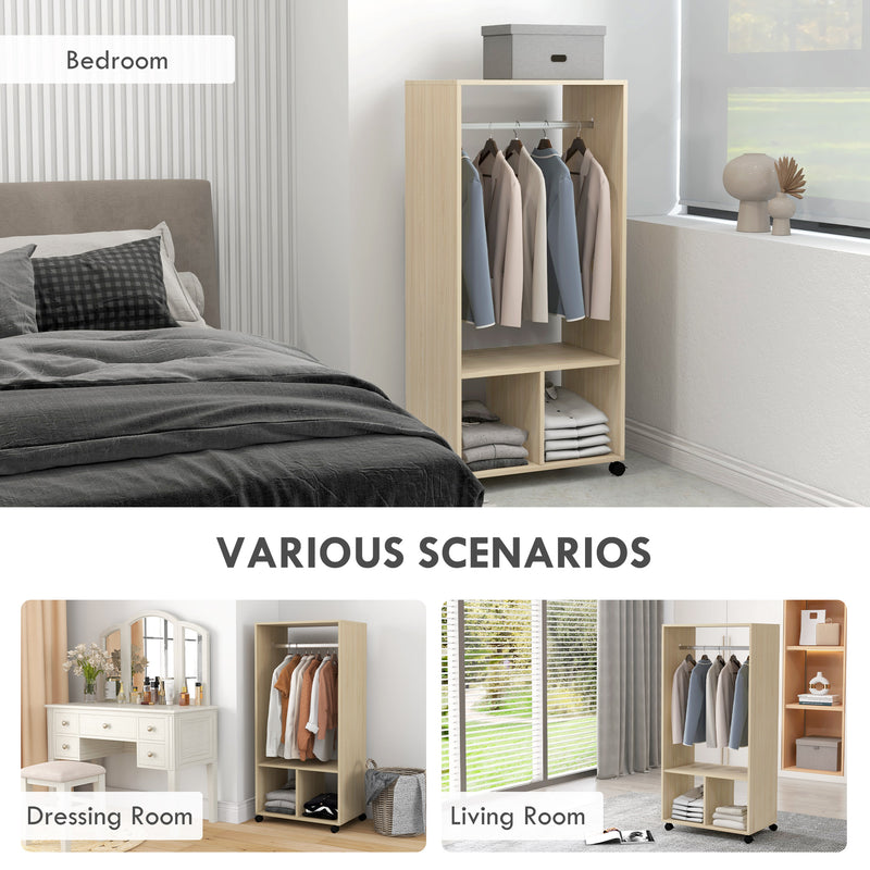 HOMCOM Open Wardrobe on Wheels, Bedroom Wardrobe with Clothes Hanging Rail, 2 Storage Shelves, Mobile Garment Rack for Cloakroom, Hallway, Natural AOSOM