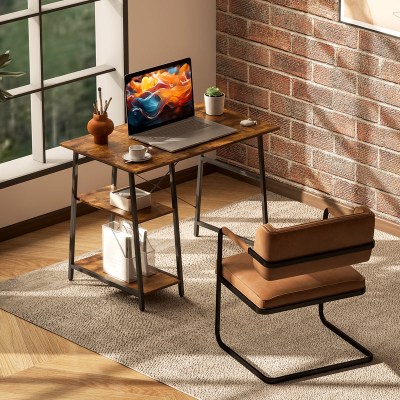 Rustic Brown Computer Desk with Storage and 2 Tier Shelves for Home Office