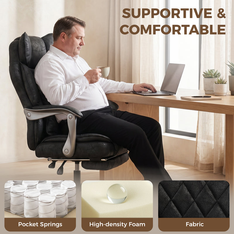High Back Office Chair for Tall and Heavy Users with Reclining Footrest and Wide Seat Black