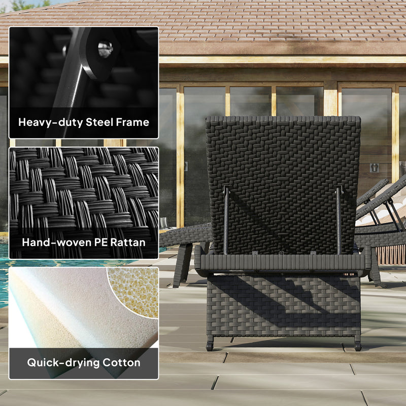 Black Rattan Folding Sun Lounger With Adjustable Backrest and Wheels by Outsunny
