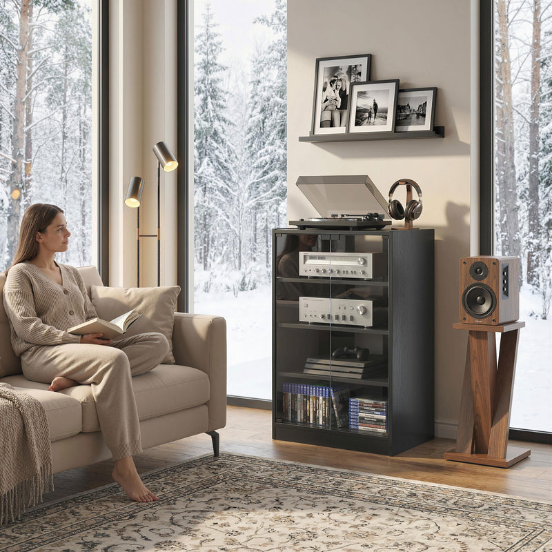Record Player Stand With Adjustable Shelves and Glass Doors for Tidy Media Storage Black Wood-Effect