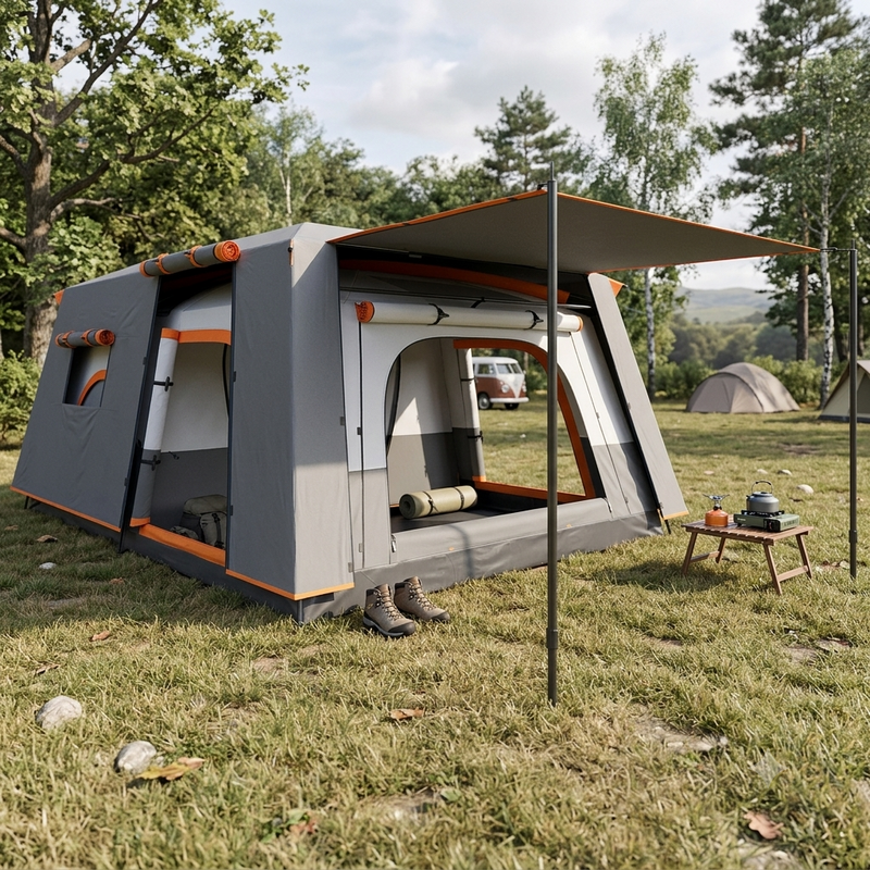 Family Camping Tent, 2 Rooms, Porch With Awning, Rainfly, Waterproof, Groundsheet, 3-5 People, Grey