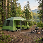 Green camping tent in a forest with a lake and mountains in the background