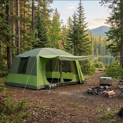 Green camping tent in a forest with a lake and mountains in the background