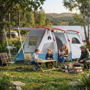 Family Camping Tent for 6 to 8 People with 2 Rooms, Porch With Awning, Mesh Windows, Groundsheet
