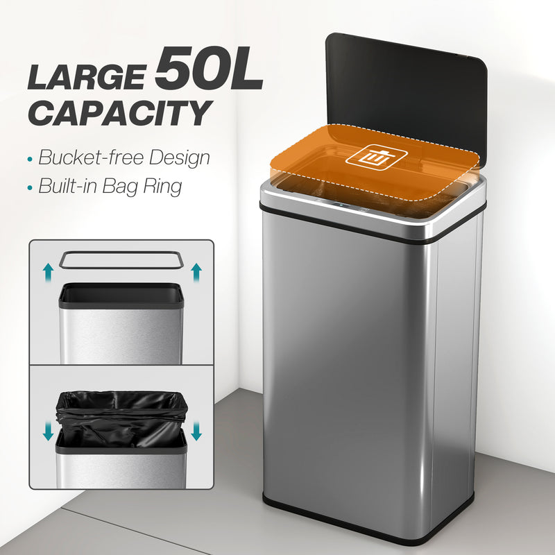 Sensor Kitchen Bin 50L Touch Free Waste Disposal with Motion Sensor Silver Black Homcom
