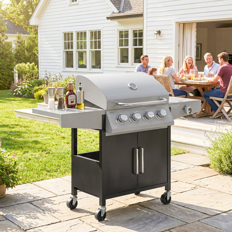 4 Burner Gas BBQ Grill with Side Burner and Warming Rack for Easy Outdoor Cooking Black Outsunny
