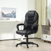 Image of a black faux leather desk chair with wheels, arms and adjustable features.