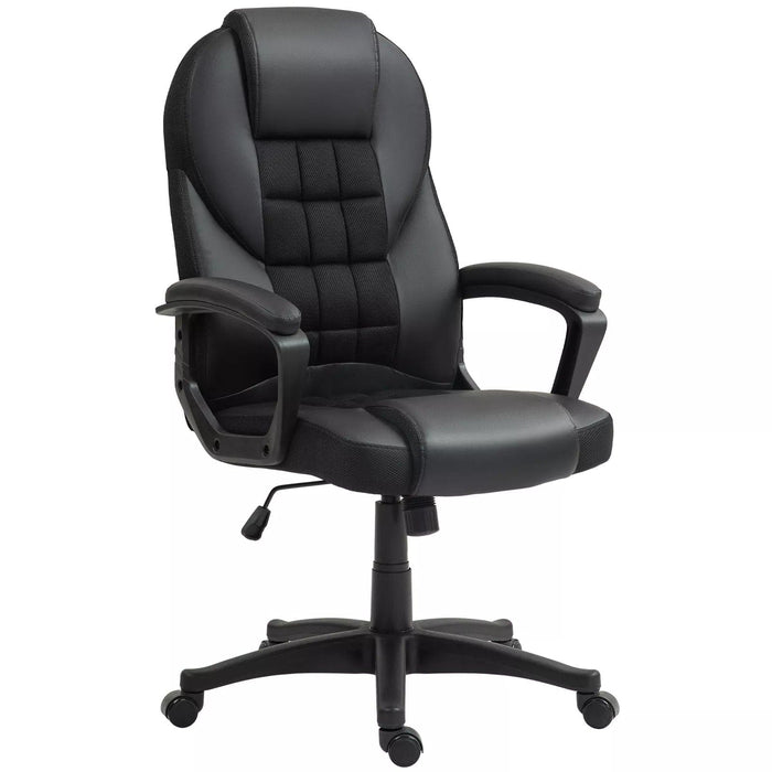 Image of a black faux leather desk chair with wheels, arms and adjustable features.