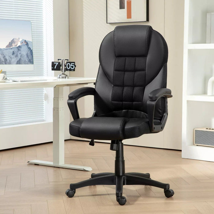 Image of a black faux leather desk chair with wheels, arms and adjustable features.