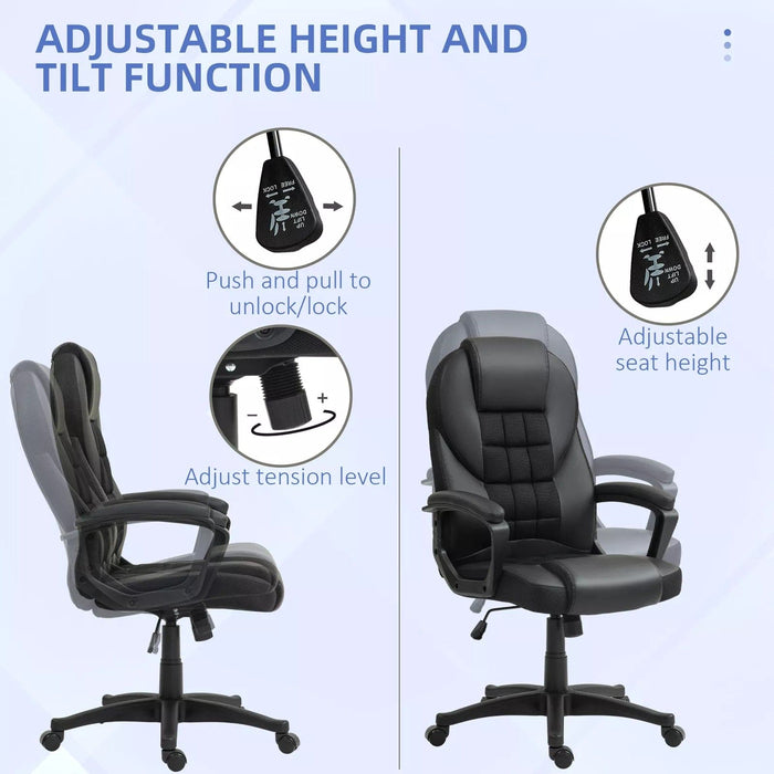 Image of a black faux leather desk chair with wheels, arms and adjustable features.