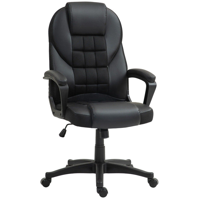 Image of a black faux leather desk chair with wheels, arms and adjustable features.