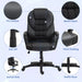 Image of a black faux leather desk chair with wheels, arms and adjustable features.