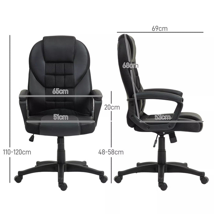 Image of a black faux leather desk chair with wheels, arms and adjustable features.