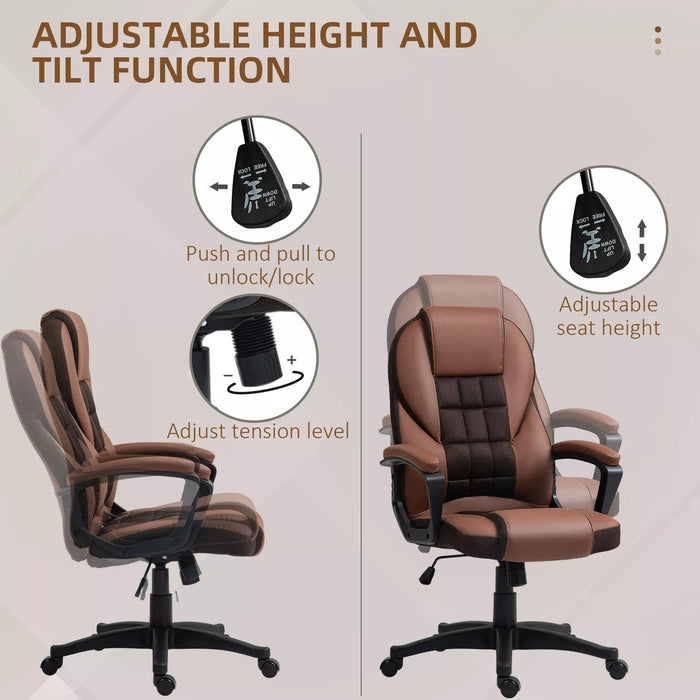 Image of a brown faux leather desk chair with wheels, arms and adjustable features.