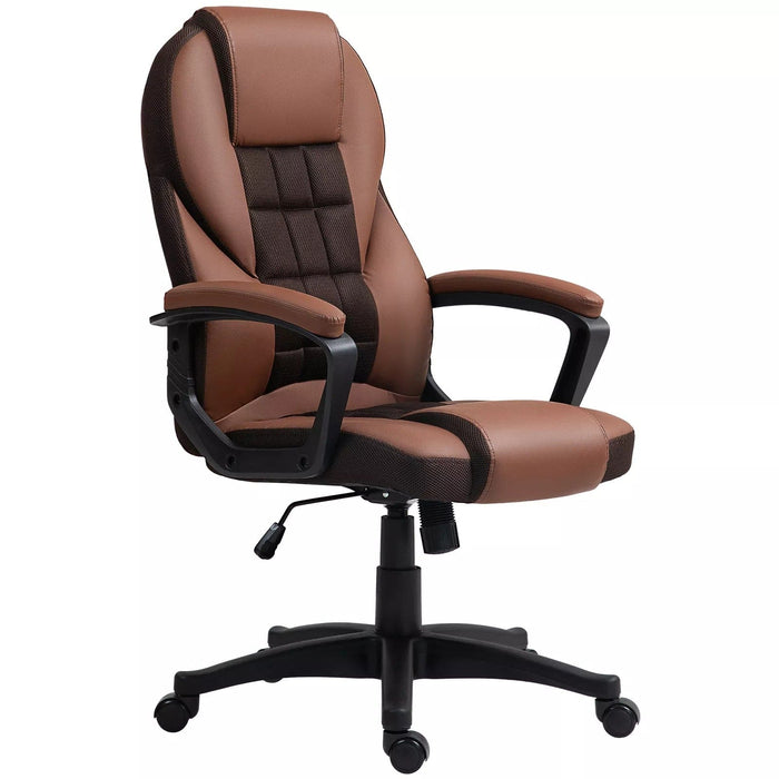 Image of a brown faux leather desk chair with wheels, arms and adjustable features.