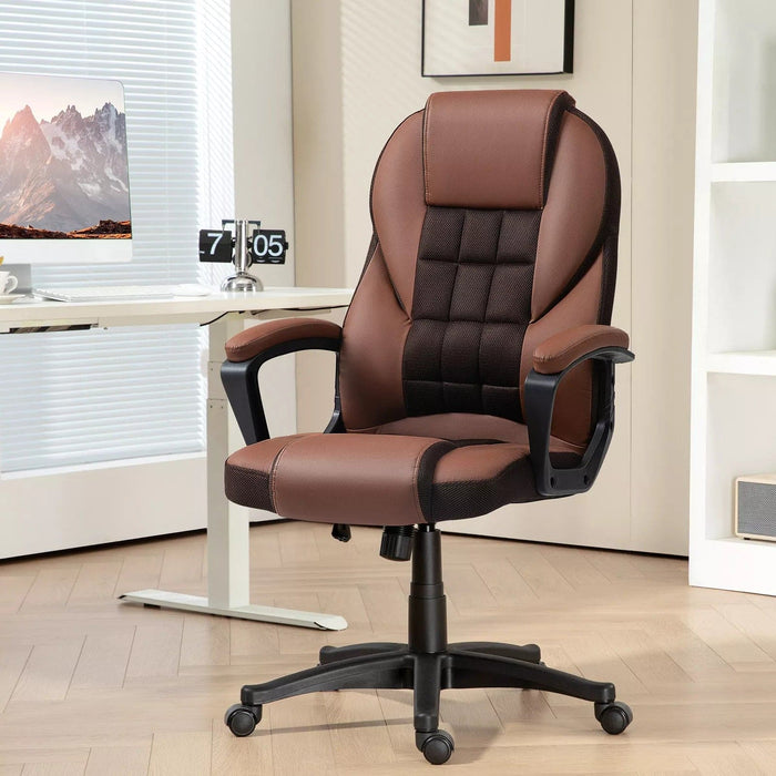 Image of a brown faux leather desk chair with wheels, arms and adjustable features.