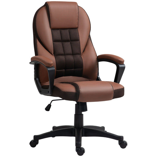 Image of a brown faux leather desk chair with wheels, arms and adjustable features.