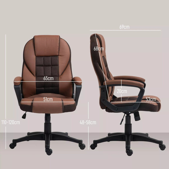 Image of a brown faux leather desk chair with wheels, arms and adjustable features.