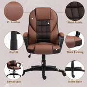 Image of a brown faux leather desk chair with wheels, arms and adjustable features.
