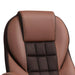 Image of a brown faux leather desk chair with wheels, arms and adjustable features.