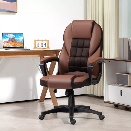 Image of a brown faux leather desk chair with wheels, arms and adjustable features.