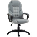Image of a grey faux leather desk chair with wheels, arms and adjustable features.