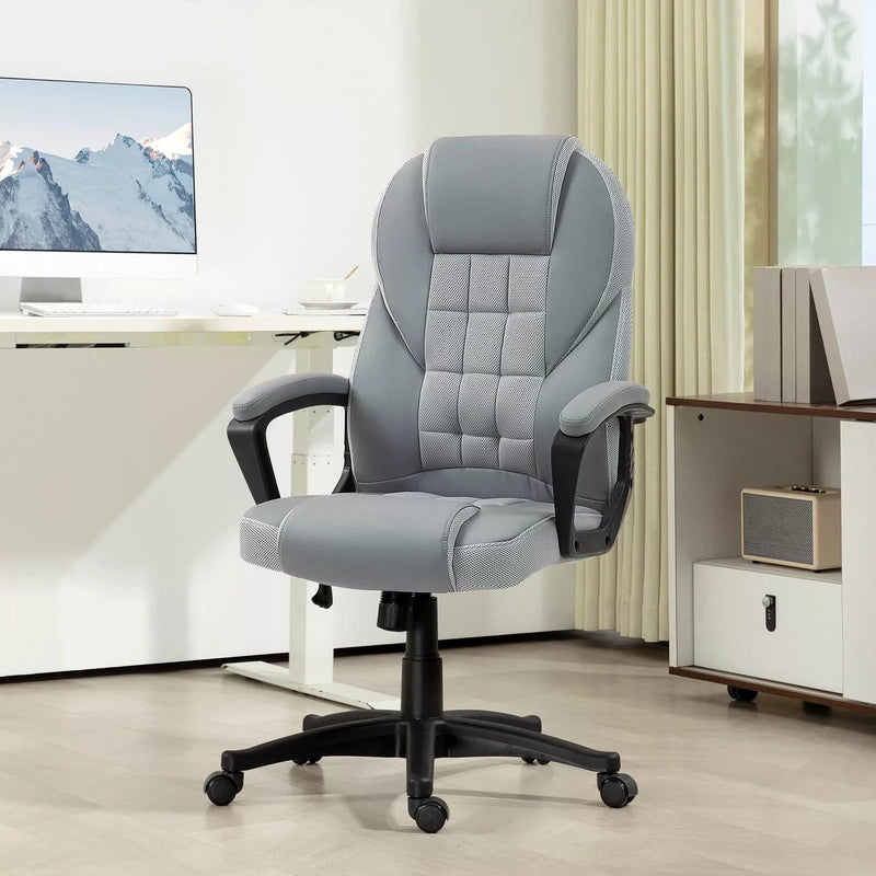 Image of a grey faux leather desk chair with wheels, arms and adjustable features.