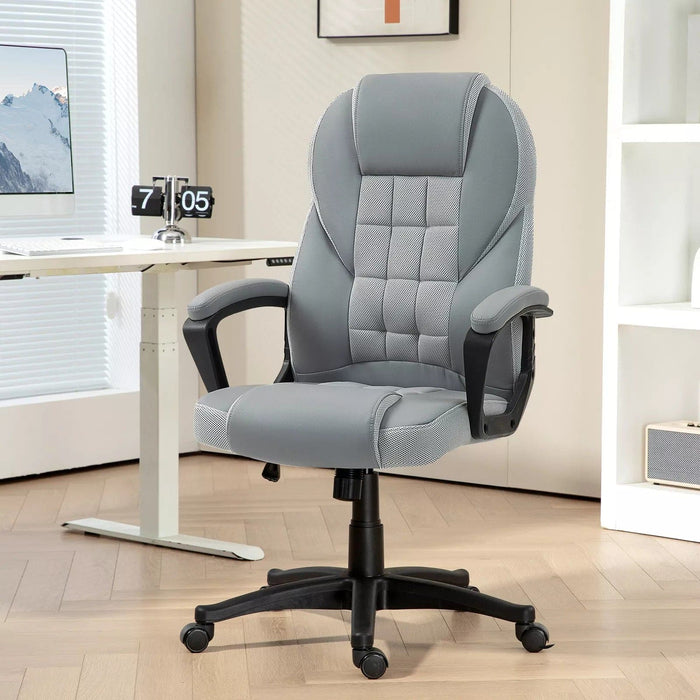 Image of a grey faux leather desk chair with wheels, arms and adjustable features.