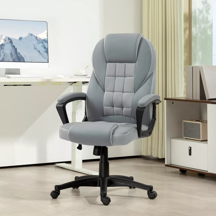 Image of a grey faux leather desk chair with wheels, arms and adjustable features.