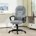 Image of a grey faux leather desk chair with wheels, arms and adjustable features.