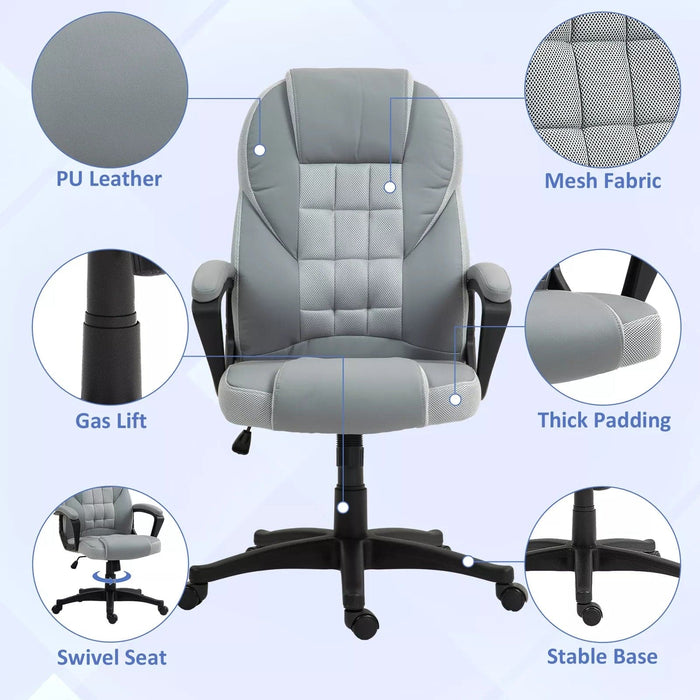 Image of a grey faux leather desk chair with wheels, arms and adjustable features.