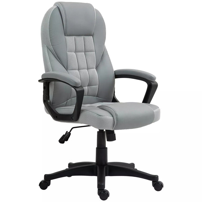 Image of a grey faux leather desk chair with wheels, arms and adjustable features.