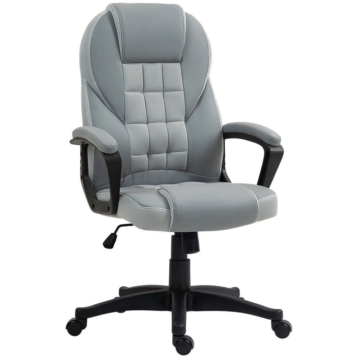 Image of a grey faux leather desk chair with wheels, arms and adjustable features.