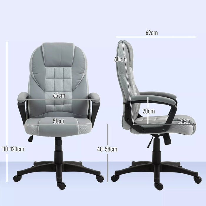 Image of a grey faux leather desk chair with wheels, arms and adjustable features.