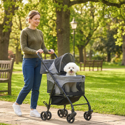 Pet Pram with Detachable Carrier for Easy Walks and Travel for Small Dogs or Cats Grey AOSOM