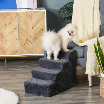Dark Grey Four Step Dog Stairs With Washable Cover For Small Pets To Reach High Beds AOSOM