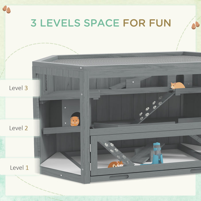Grey 3 Tier Wooden Hamster Cage with Sliding Tray Seesaws and Water Bottle by PawHut