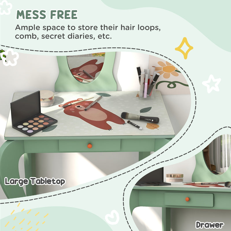 Toddler Bed and Dressing Table Set with Mirror and Stool for Kids Aged 3 to 6 Green AOSOM