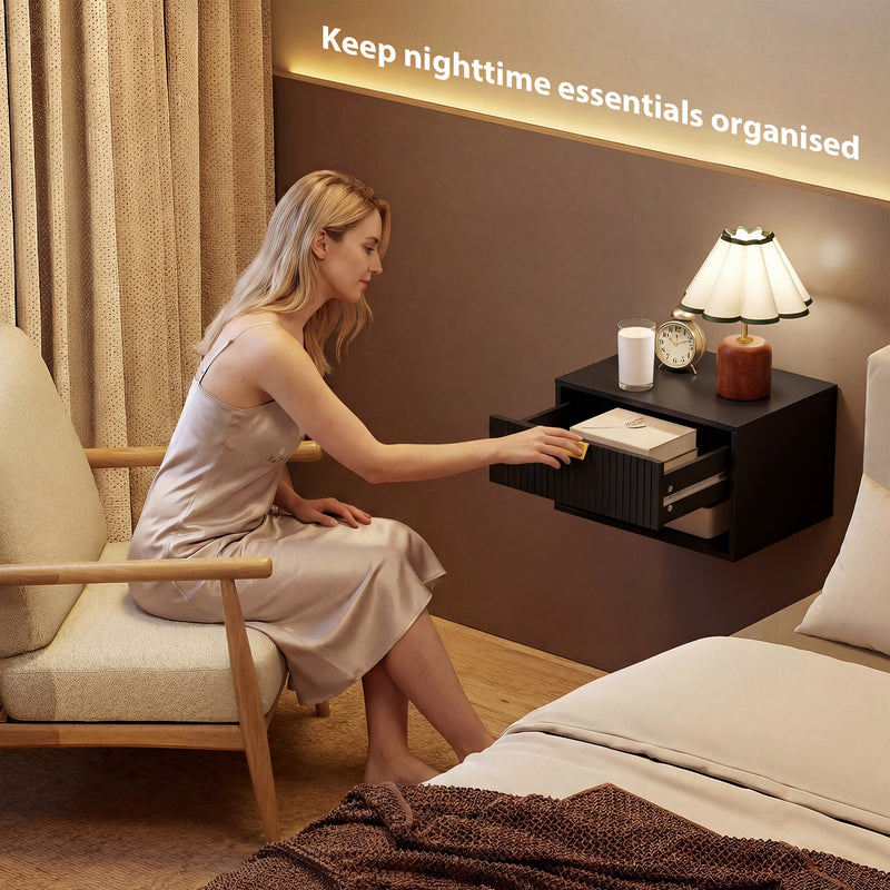 Floating Bedside Tables Set of 2 with Drawer and Shelf for Space Saving Black AOSOM