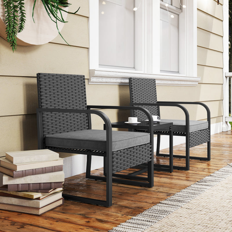 Rattan Garden Bistro Set for Two with Cushions and Glass Table for Small Spaces Black AOSOM