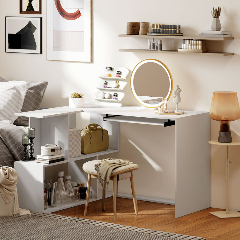 L Shaped Corner Desk with Shelves and Keyboard Tray for Small Home Office White