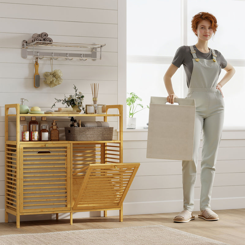 Bathroom Laundry Cabinet with Two Removable Sorting Baskets and Shelves Natural Cream AOSOM