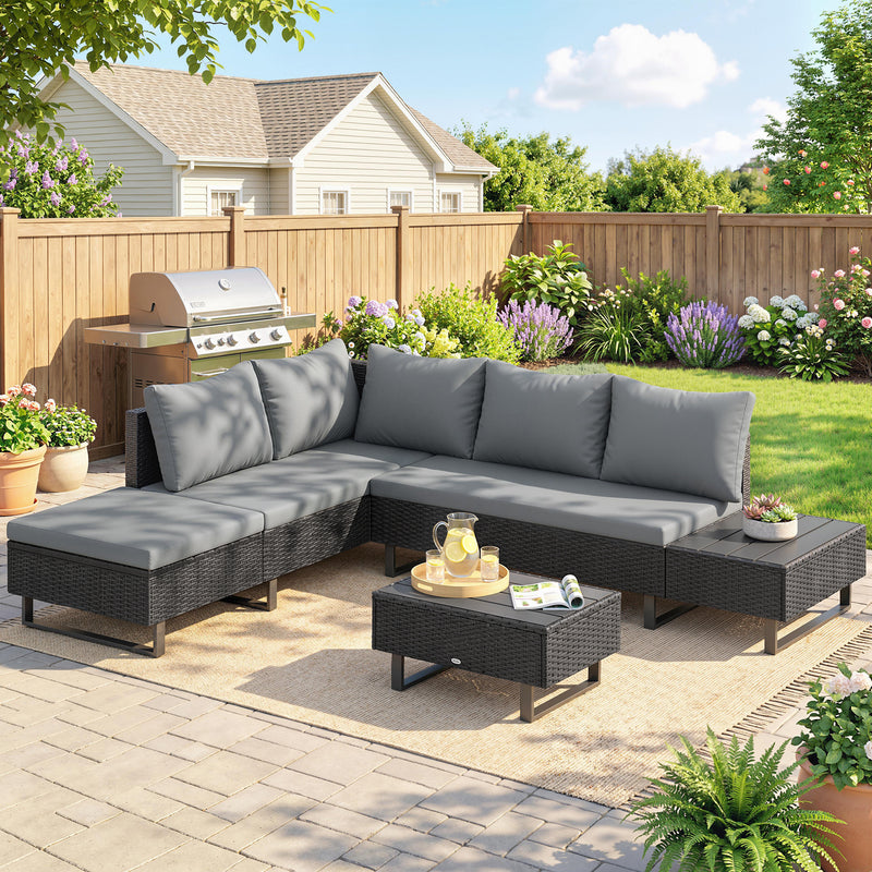 Adjustable Garden Corner Sofa Set with Reclining Backrest and Removable Cushions For Outdoor Relaxation, Dark Grey
