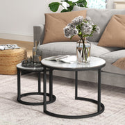 Set of 2 Round Nesting Coffee Tables with Marble Effect Glass and Steel Frame White by HOMCOM