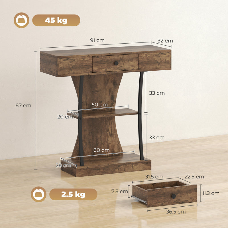 Industrial 3 Tier Console Table with Drawer and Storage Shelves for Hallway Rustic Brown AOSOM